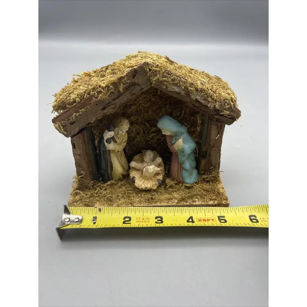 Vintage Wal-Mart Nativity Set Wood Moss Creche Mary Joseph, Baby, Jesus